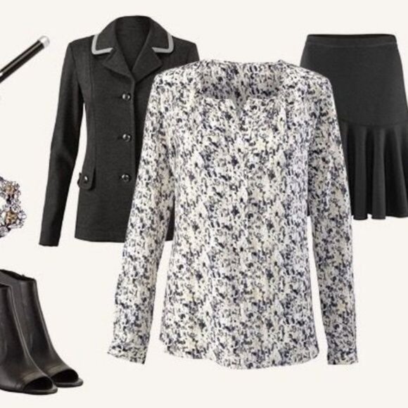 CABI Shatter Blouse Geometric Print White Taupe Black Gray Sz S #3094 - Picture 1 of 8